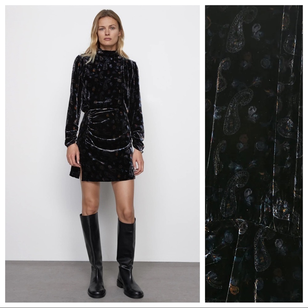 NWT. Zara Black Printed Velvet Mini Dress. Size M.